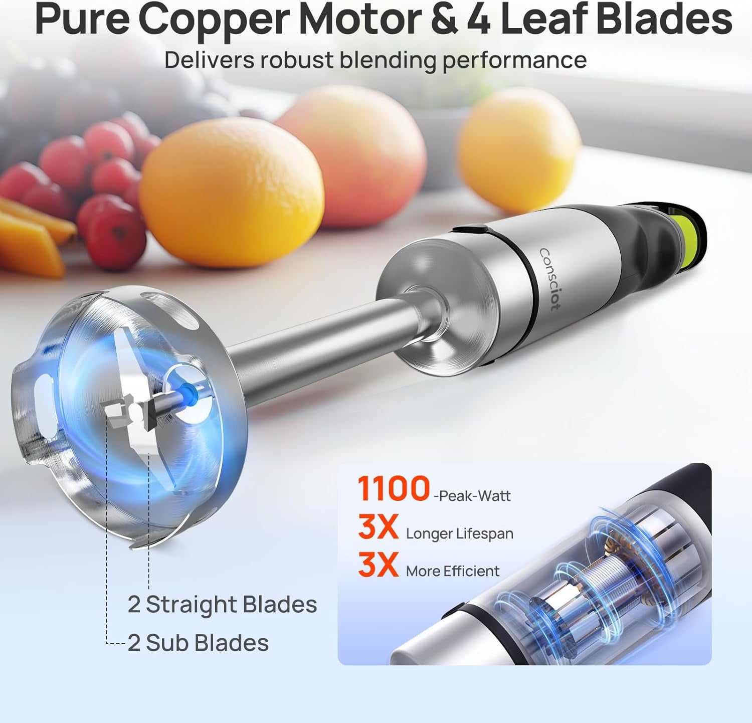 10-in-1 Immersion Blender Handheld  1100W with Stainless Steel Shaft,  Control, 800ml Beaker, Chopper & Attachments for Smoothies Soups