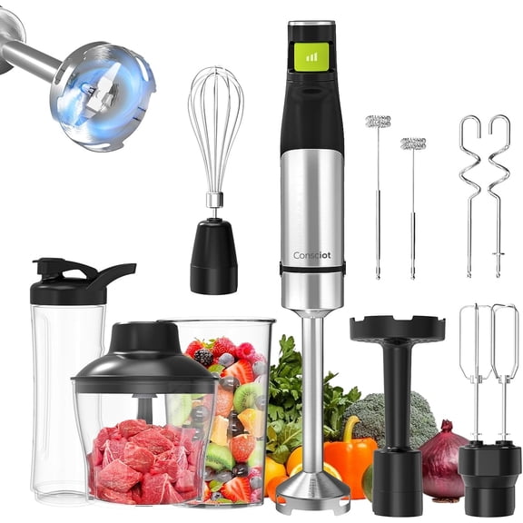 10-in-1 Immersion Blender Handheld Max 1100W with Entire Stainless Steel Blender Shaft, Trigger Speed Control, 800ml Beaker, 600ml Chopper, Beaters, Frothers, Hooks, Masher, Whisk & 600ml Cup