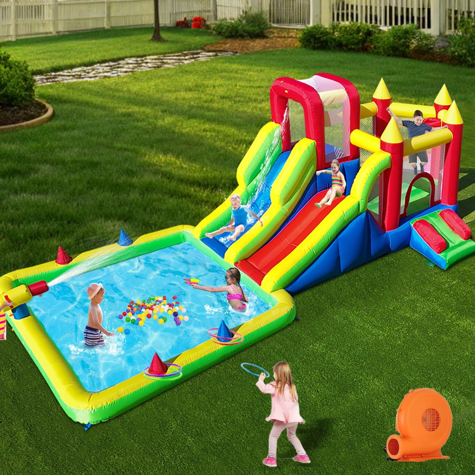 10-in-1 Inflatable Water Park Giant Backyard Play Center with 2 Slides