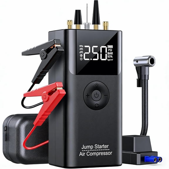 10-in-1 Jump Starter with Air Compressor, 3500A 150PSI Portable 12V Jump Box Car Battery (9 Gas/8 L Diesel), with Auto-Shutoff Tire Inflator, Power Bank, LED Lights, Large LCD Display