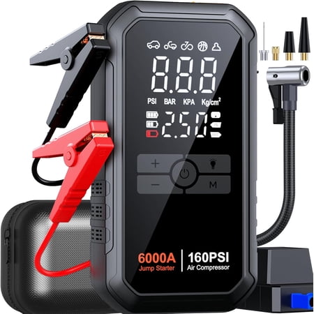 10-in-1 Jump Starter with Air Compressor 6000A 26800mAh 160PSI Portable Car Battery Jump Starter (All Gas/12L Diesel), 12V Jump Box Car Battery Jumper Starter Portable Jumper Cables, Lights