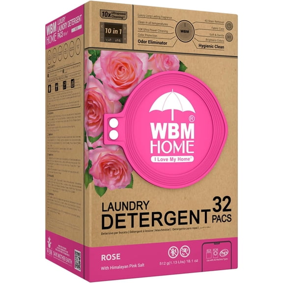 10-in-1 Laundry Deter nt Pods, Ultra Concentrate, Powerful Stain Lifter, Fabric Softener, Rose Scent, 32 Count, HE Compatible, Eco-Friendly, ntle