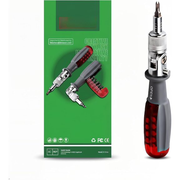 10-in-1 Ratcheting Set with 180? Pivot , Bits, -in-Handle Design, Compact Multi-Bit Tool for DIY, Electronics and Repair, Red (Red)