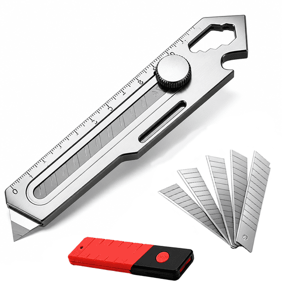 10-in-1 Stainless Steel Utility Knife, Heavy Duty Box Cutter with 5 Blades - All Metal Multitool for Shipping, Warehouse & DIY Projectssteel color
