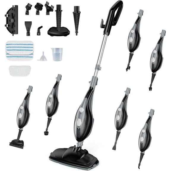 10-in-1 Steam Mop, 1550W Detachable Handheld Steam Cleaner for Floor Cleaning, 16FT Cord, 2 Washable Pads, Multi-Purpose Floor Steamer for Hardwood, Carpet, Tile, Grout, Windows