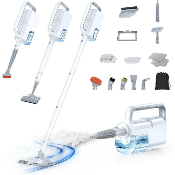 10-in-1 Steam Mop with Detachable Handheld Steamer, 350ml Tank, 10s Heat-Up, 248 ° F Steam Cleaner, 3-Level Control and Swivel Head for Floors, Carpets, Tiles, BBQ grill Multi-Surface Clean White