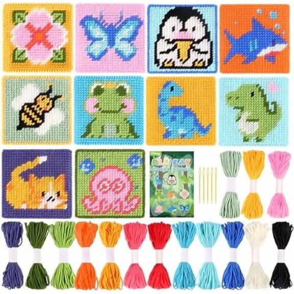 10-in-1 Stitch Beginner Kit for Kids, Embroidery Kit Includes 10pcs Plastic Mesh Canvas with Pattern, 15 Yarns, 5 Weaving Needles, Needle Points Starter Sewing Set with Instructions