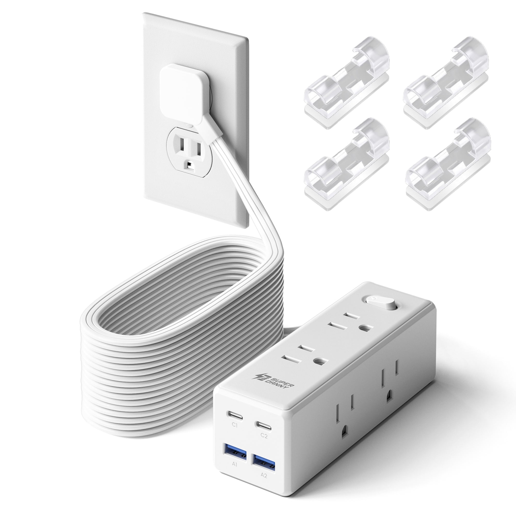 10Ft Flat Plug Power Strip With 6 Outlets, 4 USB Ports (2 USB-C) – Surge Protector, Wall Mountable For Home, Office, Dorm