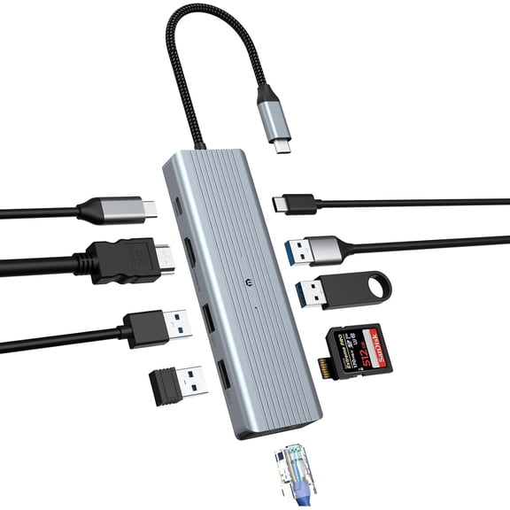 10 in 1 USB C Hub for Mac Pro/Air, 4K HDMI, LAN RJ45, USB C 3.0, 2 USB A 3.0, 100W PD, 2 USB 2.0, SD/TF, Windows Surface Pro 7