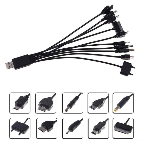 10-in-1 Universal USB Charging Cable, Multi-Line Phone Mobile Adapter Lead for Home and Travel, Black
