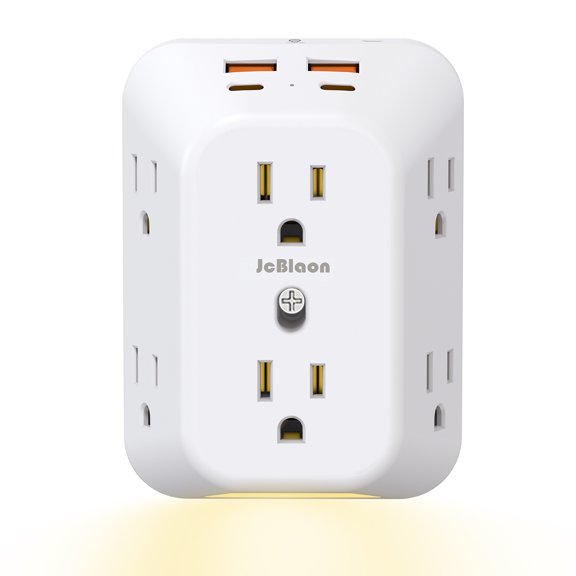 10-in-1 Upgraded USB Wall Outlet - 3-Sided Surge Protector with Auto Dark Sensor & Touch Switch, 3 Modes Warm Night Light with Auto Sensor, 6 Wide AC Outlets & 4 USB Ports (2 Type-C)