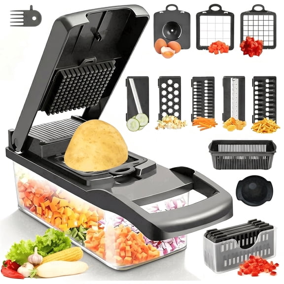 Vegetable Chopper Mandoline Slicer, 8 Blade Food Cutter with Colander Basket & Storage Case,Black