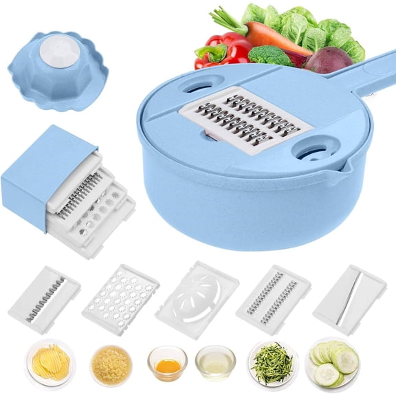 10 in 1 Vegetable Slicer Cutter and Shredder, Kitchen Multipurpose Grater with Guard and Egg White Separator, Vegetable Cutter Drain Basket(Blue)