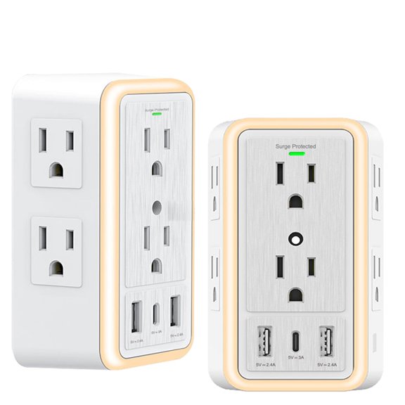 10-in-1 Wall Outlet Extender with Night Light, Surge Protector 6 AC Outlets 2 USB-A 2 USB-C Ports, 3-Side Design Multi Plug Outlet with Dimmable Nightlight for Home Office Dorm
