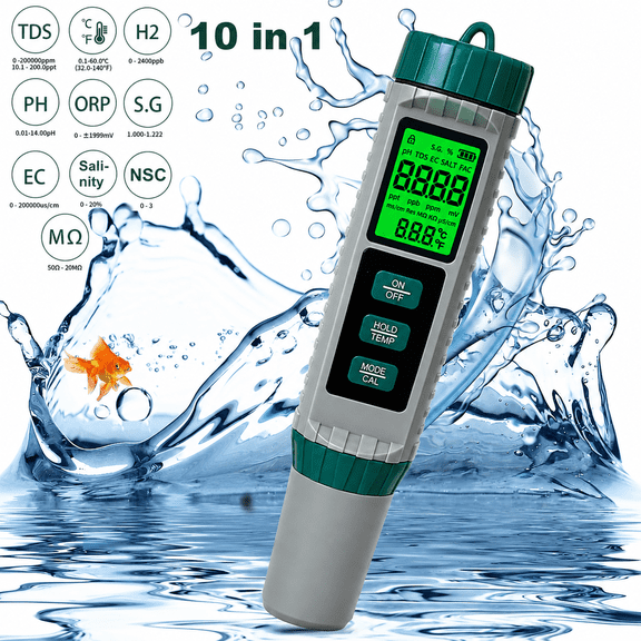 10-in-1 Water Quality Tester, Digital Water Quality Meter with LCD, pH TDS EC SALT S.G. ORP H2 Fertility and Temperature Tester, 3-Point pH Calibration, Automatic Temperature Compensation