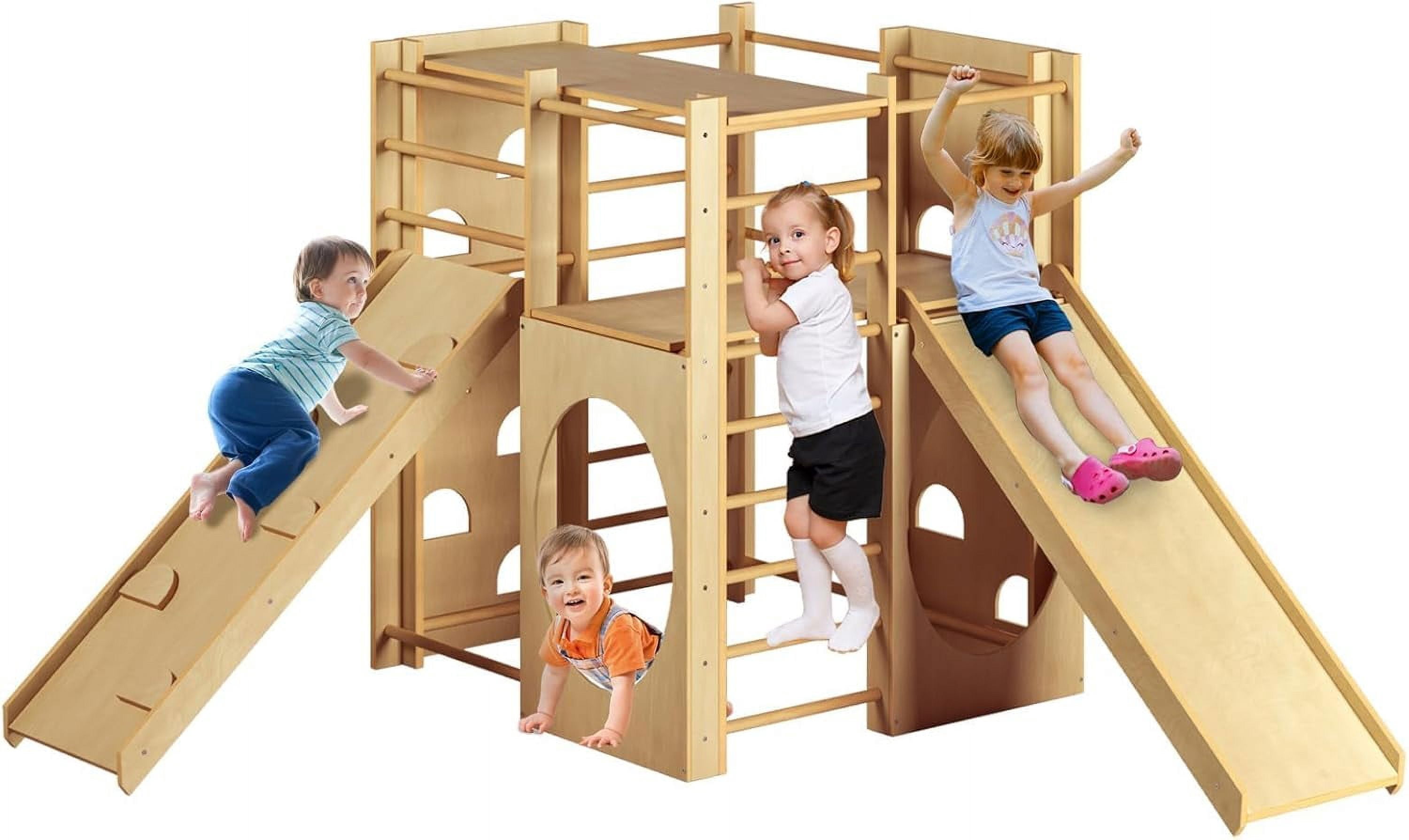 DEYGIA 10-in-1 Wooden Indoor Jungle Gym For Toddlers 1-3 Years - Climbing Arch, Slide, Rock Wall, Ladder Play Set