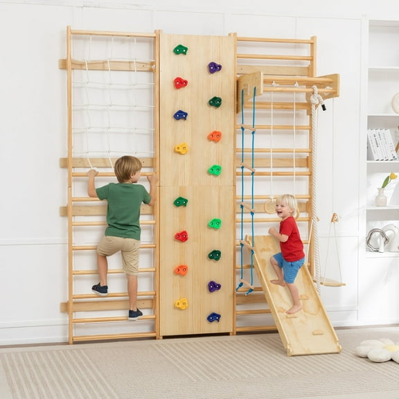 10-in-1 Wooden Indoor Jungle Gym for Toddlers, Montessori Climbing Playset with Slide, Swing, Monkey Bars, Rings & Climbing Net, Indoor Playground for Kids Ages 3-12