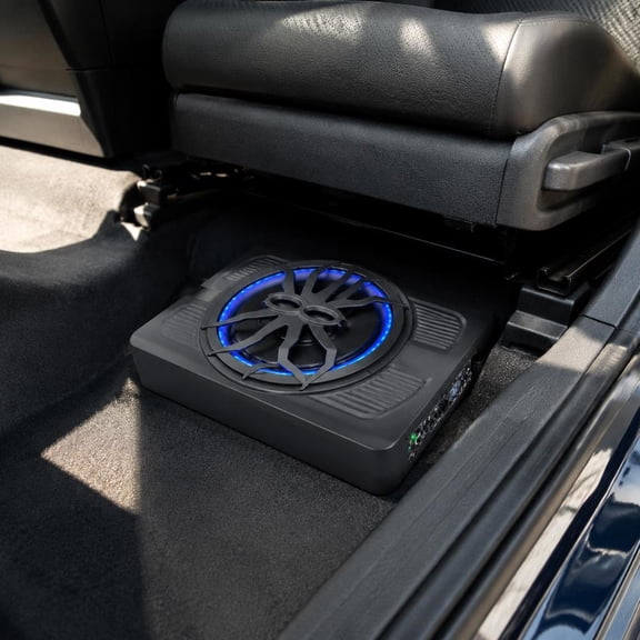 10 in 440W Underseat Car Subwoofer with Blue Ambient Light, Built-in Amplifier, Wired Remote for Suv, Car, Truck, Rv