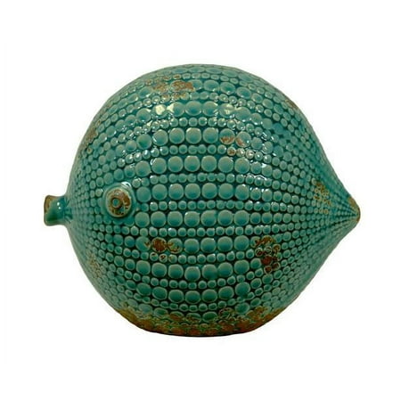 Ceramic Round Fish Figurine LG Distressed Gloss Finish Teal