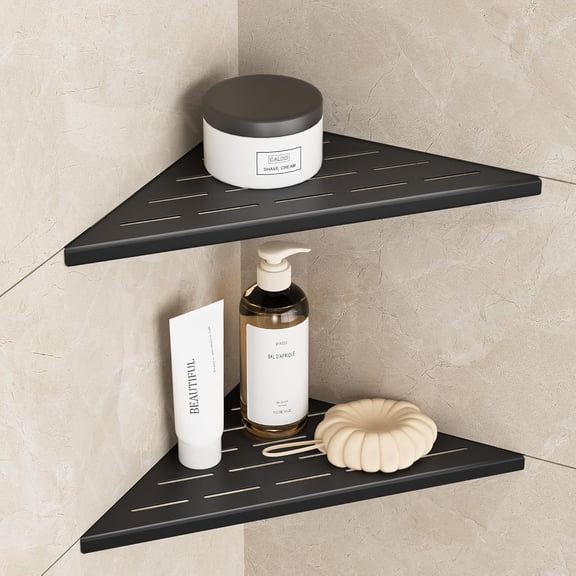 10 in Matte Black Corner Wall Shelf Set of 2, Floating Corner Shelves for Wall, 304 Stainless Steel Shower Storage Shelves for Bathroom, No Drilling