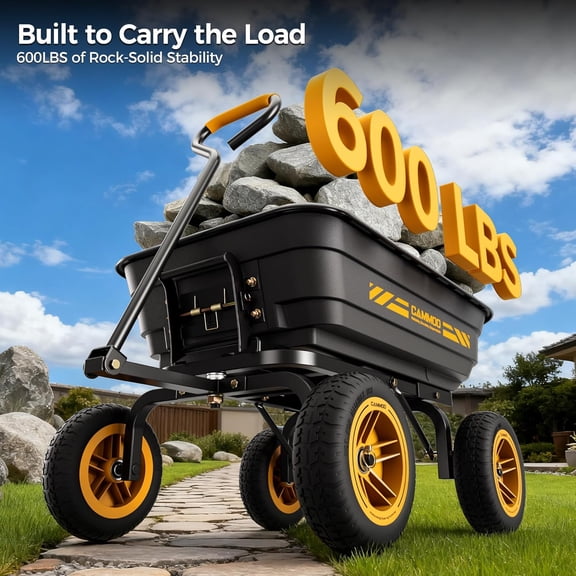 10-in NO-FLAT TIRES 600lb Heavy-Duty Garden Dump Cart 4 Cu.Ft. Utility Wagon with Quick-Release Dumping & Prime Grade 100% Virgin Polypropylene - Not Recycled Material for Landscaping Gardening