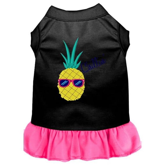 10 in. Pineapple Chillin Embroidered Dog Dress - Black with Bright Pink, Small