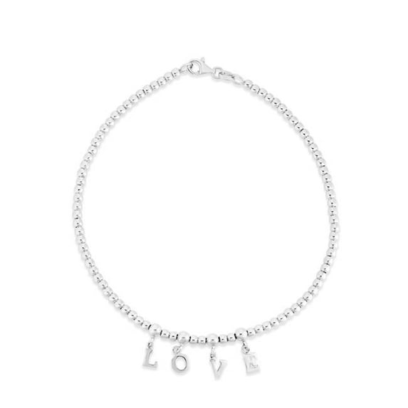 10 in. Silver & Rhodium Polished Love Beaded Anklet with Pear Shaped Lobster Clasp