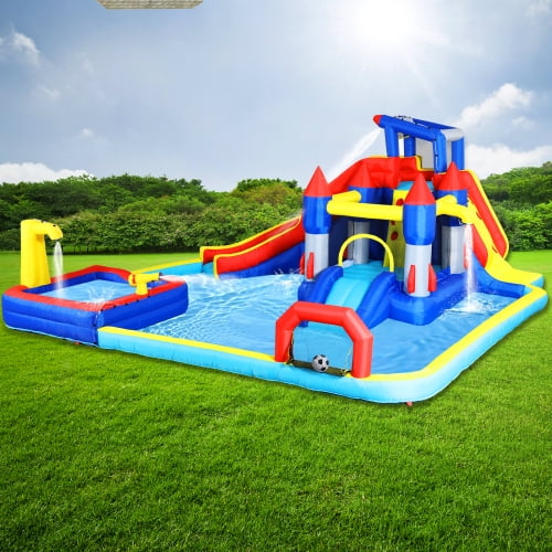 10 in1 Inflatable slide water park bouncing house garden with splash pool & water gun & basketball & climbing wall & dual pools & soccer