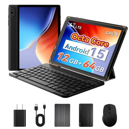 10-inch 2-in-1 Android 15 Tablet with Keyboard, Mouse, and Case, 4G LTE Cellular, 12GB RAM + 64GB ROM (2TB Expandable), MediaTek Octa-Core 2.0GHz, Gemini AI, IPS Display, 5G Wi-Fi, GPS, Bluetooth