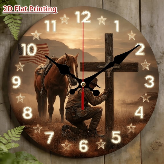 10inch 2D Flat Western Theme Silent Wall Clock, Cowboy Cross & Horse Design, Round Wood Quartz Clock, Minimalist Rustic Home & Office Decor, Batteries Not Included