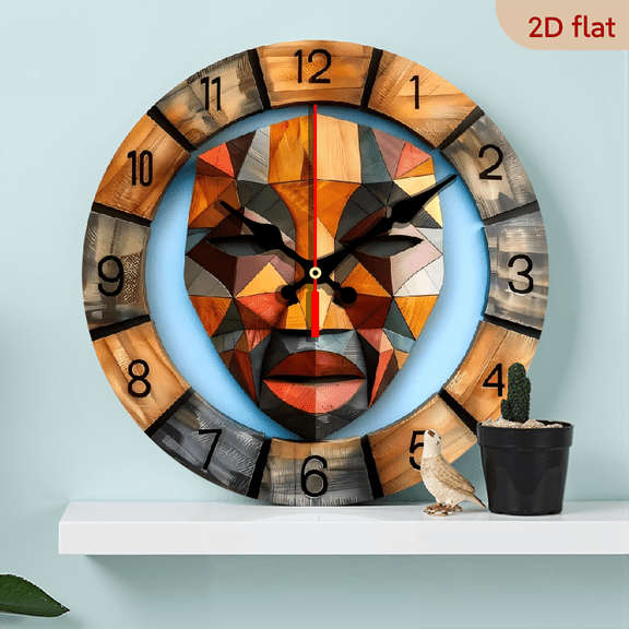 10-inch 2D flat "African Masks" theme, wooden circular silent wall clock, suitable for modern home art decoration, wall decoration, it is an ideal gift for festivals and birthdays