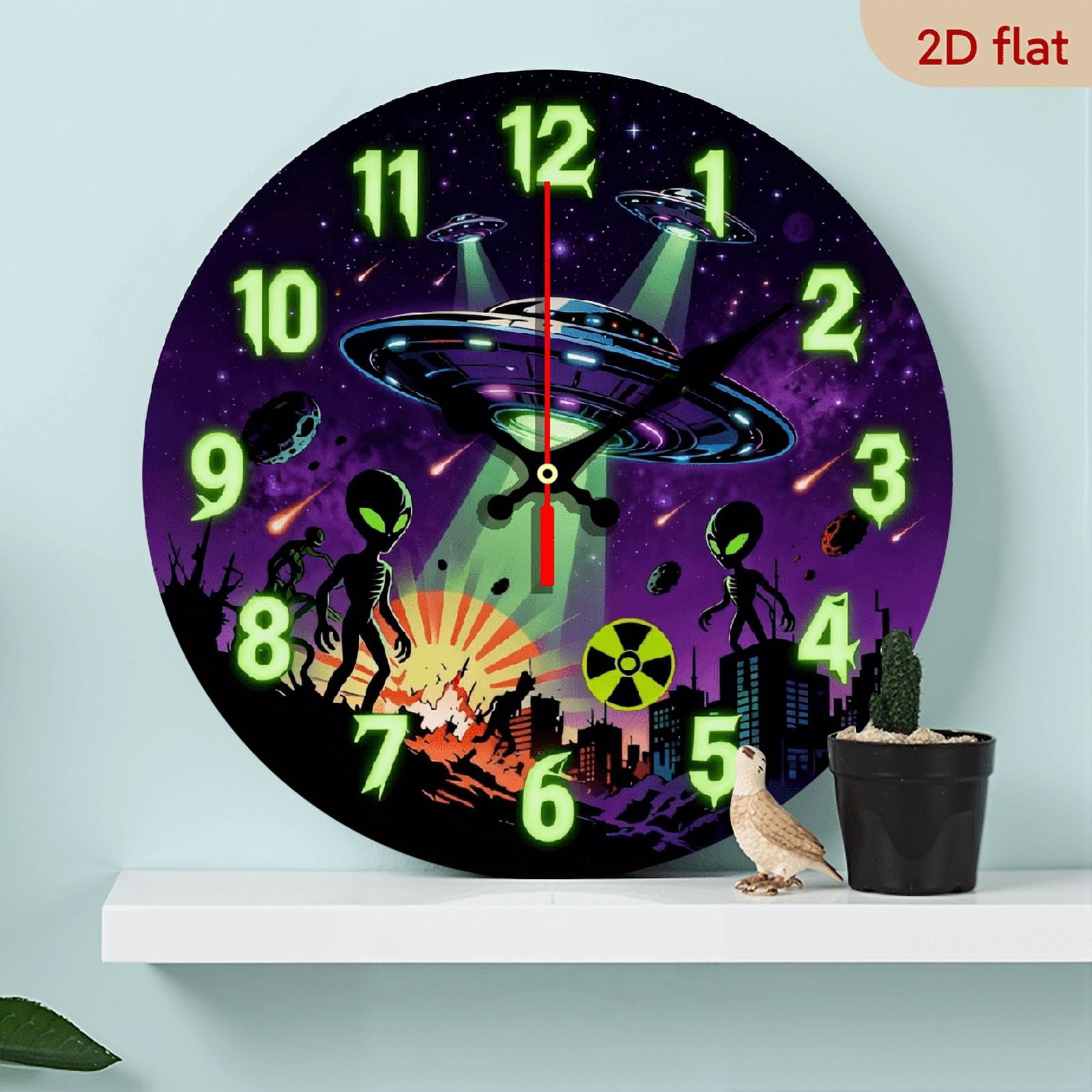 10-inch 2D flat "Alien Invasion" theme wooden circular silent wall ...