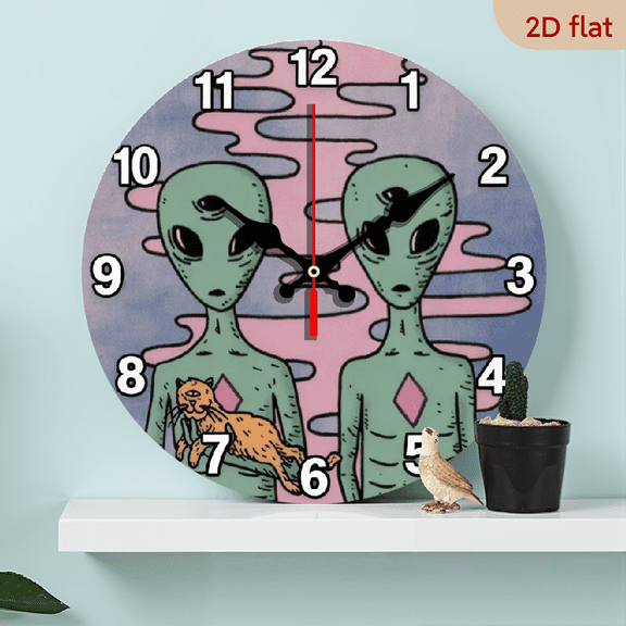10-inch 2D flat "Alien" theme wooden circular silent wall clock, suitable for modern home art decoration, wall decoration, it is an ideal gift for festivals and birthdays