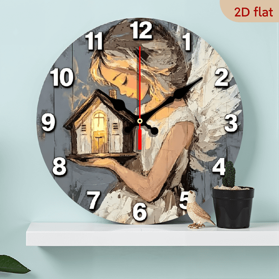 A 10-inch 2D flat "Angels and Houses" themed wooden silent wall clock. It is an excellent choice for Halloween/Easter/Christmas gifts and is suitable for modern home decoration art.