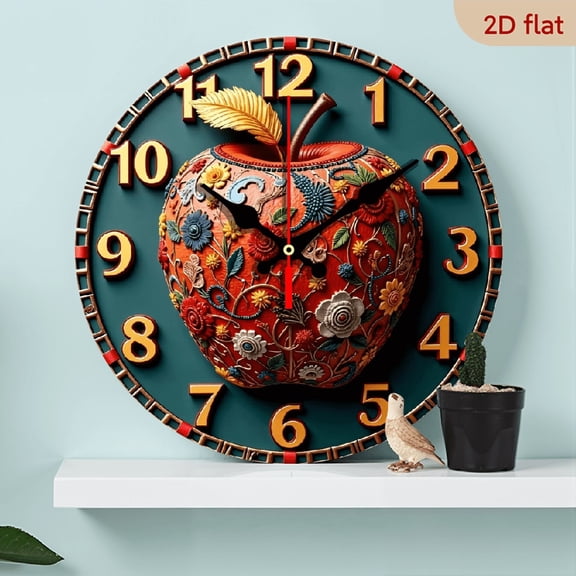 10-inch 2D flat "Art Apple" theme wooden circular silent wall clock, suitable for modern home art decoration, wall decoration, it is an ideal gift for festivals and birthdays