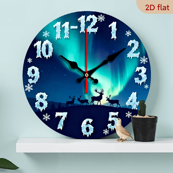 A 10-inch 2D flat "Aurora Deer Shadow" themed wooden silent wall clock. It is an excellent choice for Halloween/Easter/Christmas gifts and is suitable for modern home decoration art.