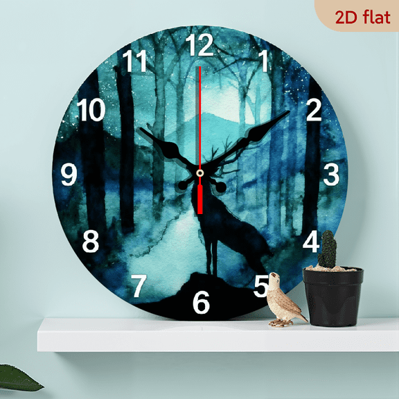 A 10-inch 2D flat "Aurora Deer Shadow" themed wooden silent wall clock. It is an excellent choice for Halloween/Easter/Christmas gifts and is suitable for modern home decoration art.