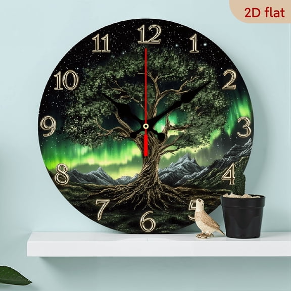10-inch 2D flat "Aurora Tree" themed wooden silent wall clock. Ideal gift for Halloween/Easter/Christmas. Suitable for modern home decoration and art style.
