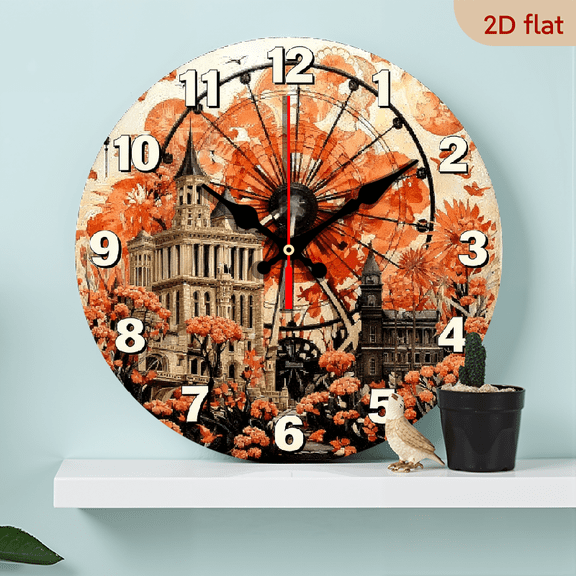 A 10-inch 2D flat "Autumn Scenery of the City" theme wooden circular wall clock, suitable for decoration in bedrooms, living rooms and offices. It is an ideal gift for Christmas and New Year.