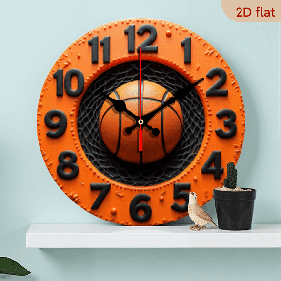 10-inch 2D flat "Basketball" theme wooden silent wall clock. Ideal gift choice for Halloween/Easter/Christmas. Suitable for modern home decoration and art style.