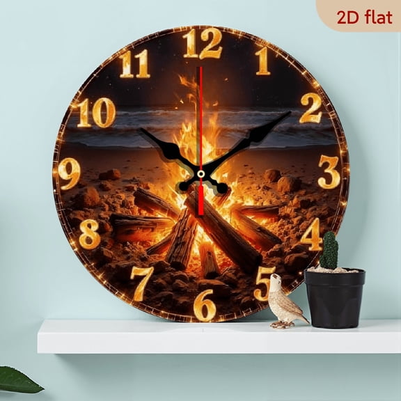 A 10-inch 2D flat "Beach Bonfire" themed wooden silent wall clock. It is an excellent choice for Halloween/Easter/Christmas gifts and is suitable for modern home decoration art.