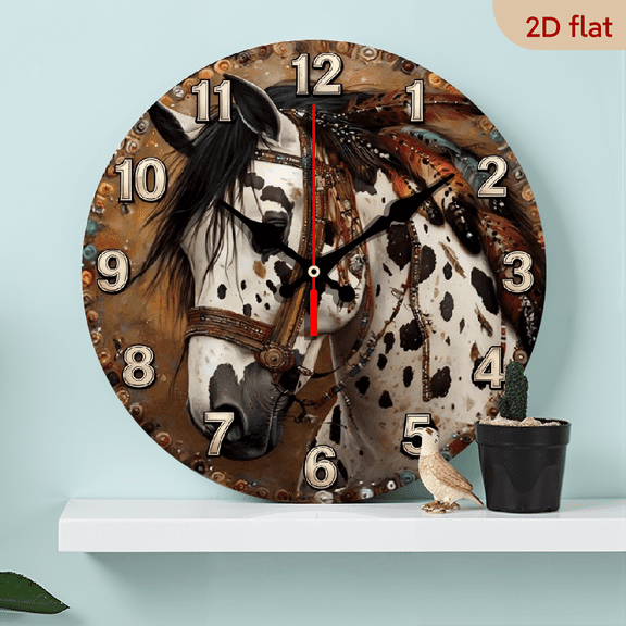 A 10-inch 2D flat "Beautiful Spot Horse" themed wooden silent wall clock. It is an excellent choice for Halloween/Easter/Christmas gifts and is suitable for modern home decoration art.