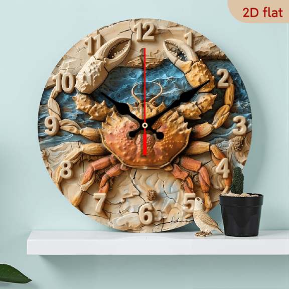 10-inch 2D flat "Big Crab" theme wooden circular silent wall clock, suitable for modern home art decoration, wall decoration, it is an ideal gift for festivals and birthdays