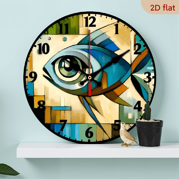 A 10-inch 2D flat "Big-Eyed Fish" themed wooden circular wall clock, suitable for decoration in bedrooms, living rooms and offices. It is an ideal gift for Christmas and New Year.