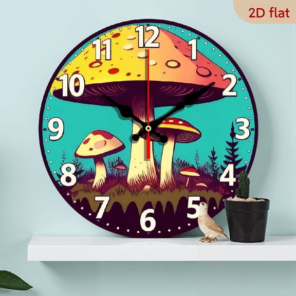A 10-inch 2D flat "Big Mushroom" themed wooden silent wall clock is an excellent choice for Halloween/Easter/Christmas gifts and is suitable for modern home decoration art.