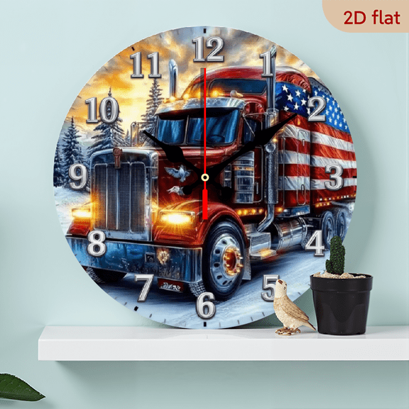 10-inch 2D flat "Big Truck" theme wooden silent wall clock. Ideal gift for Halloween/Easter/Christmas. Suitable for modern home decoration and art style.