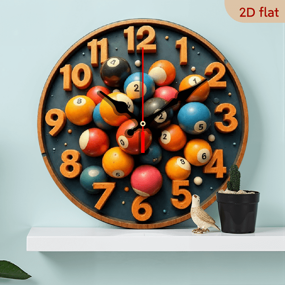 10-inch 2D flat "Billiards" theme wooden circular silent wall clock, suitable for modern home art decoration, wall decoration, it is an ideal gift for festivals and birthdays