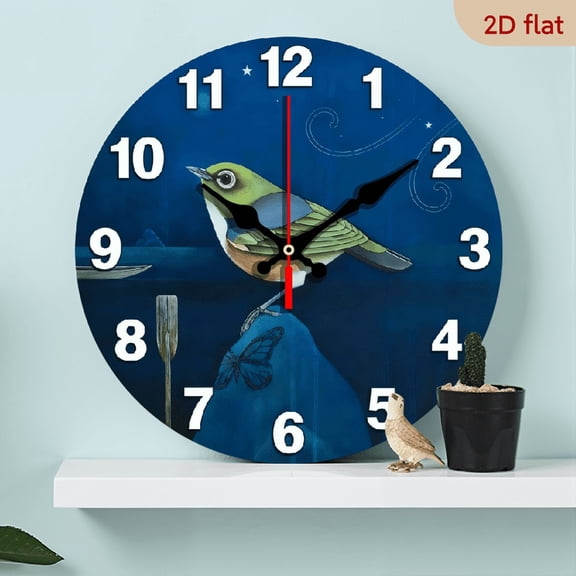 A 10-inch 2D flat "Bird Standing on a Rock" themed wooden silent wall clock is an excellent choice for Halloween/Easter/Christmas gifts and is suitable for modern home decoration art.