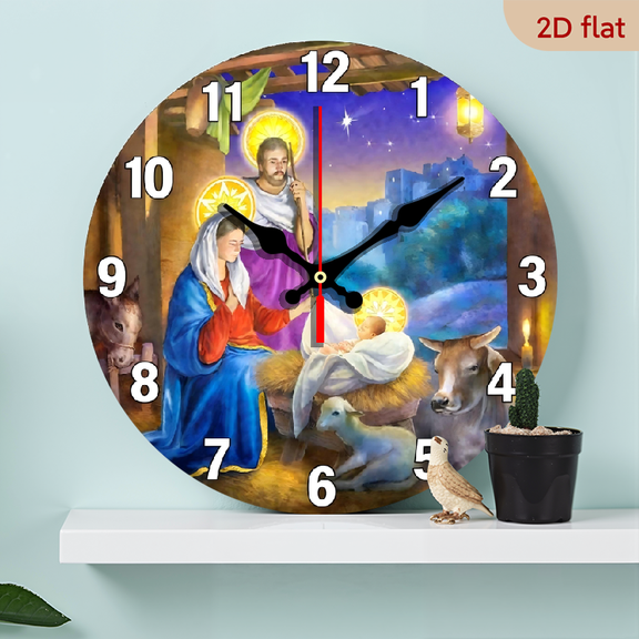 A 10-inch 2D flat "Birth of God" themed wooden silent wall clock. It is an excellent choice for Halloween/Easter/Christmas gifts and is suitable for modern home decoration art.