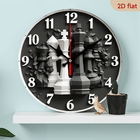 10-inch 2D flat "Black and White Chess Pieces" theme wooden silent wall clock. Ideal gift for Halloween/Easter/Christmas. Suitable for modern home decoration and art style.